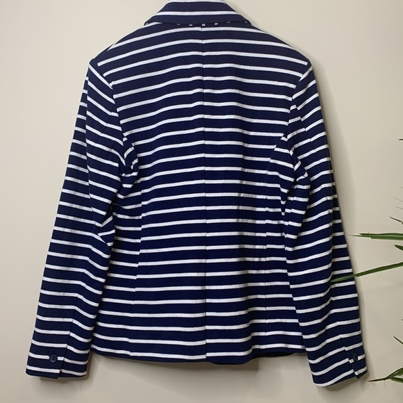 Gap | Classic Blue White Striped Knit One-Button Lined Single Breasted Blazer 10 - Picture 16 of 17